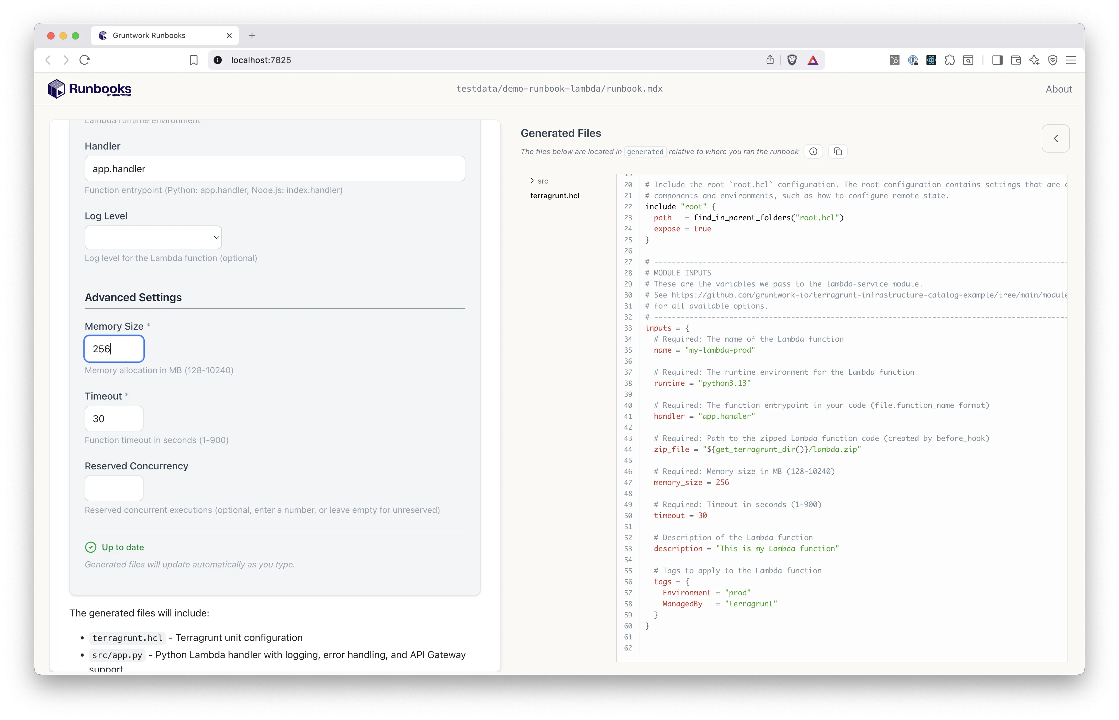 Runbooks live preview showing generated OpenTofu code updating in real-time as form values change